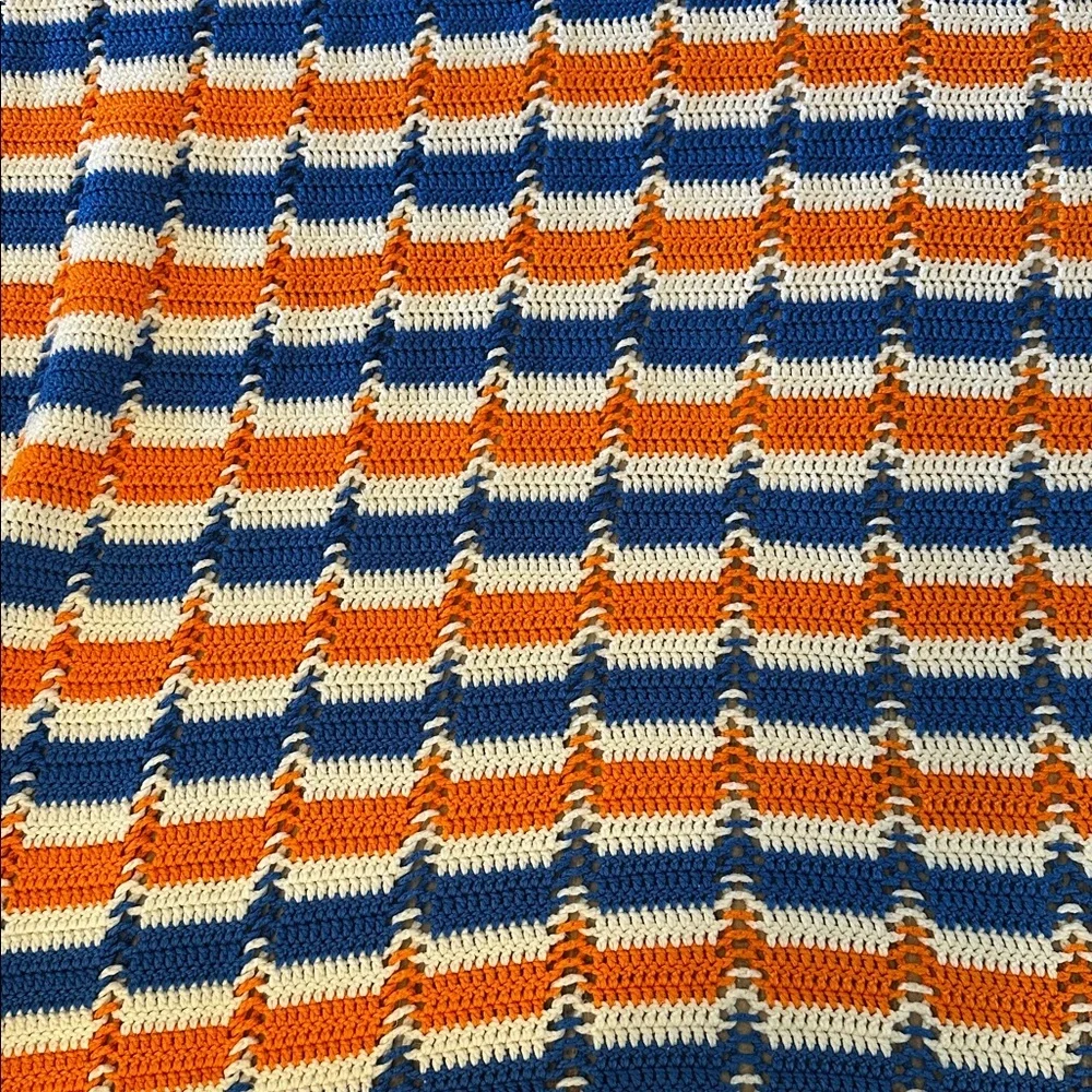 Handmade Crochet University of Floral Orange, White, and Blue stripe Bed Spread